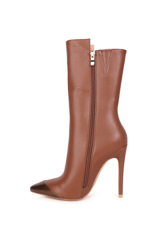 TWITCH Silver Dip Stiletto Boot in Tan and Bronze