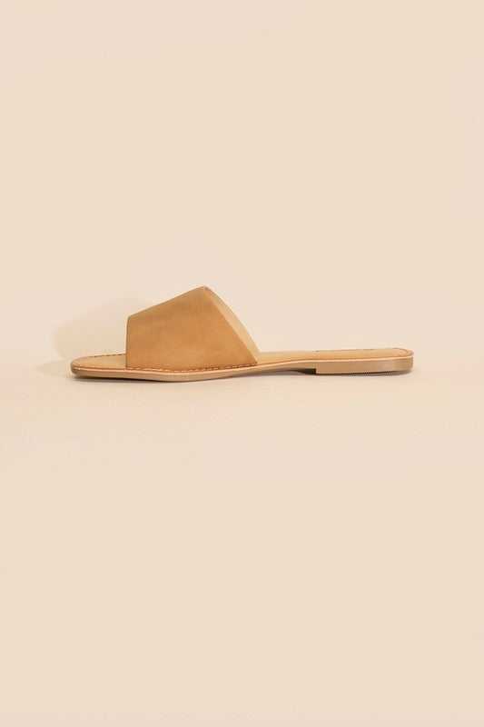 Tan Open Toe Flat Slides